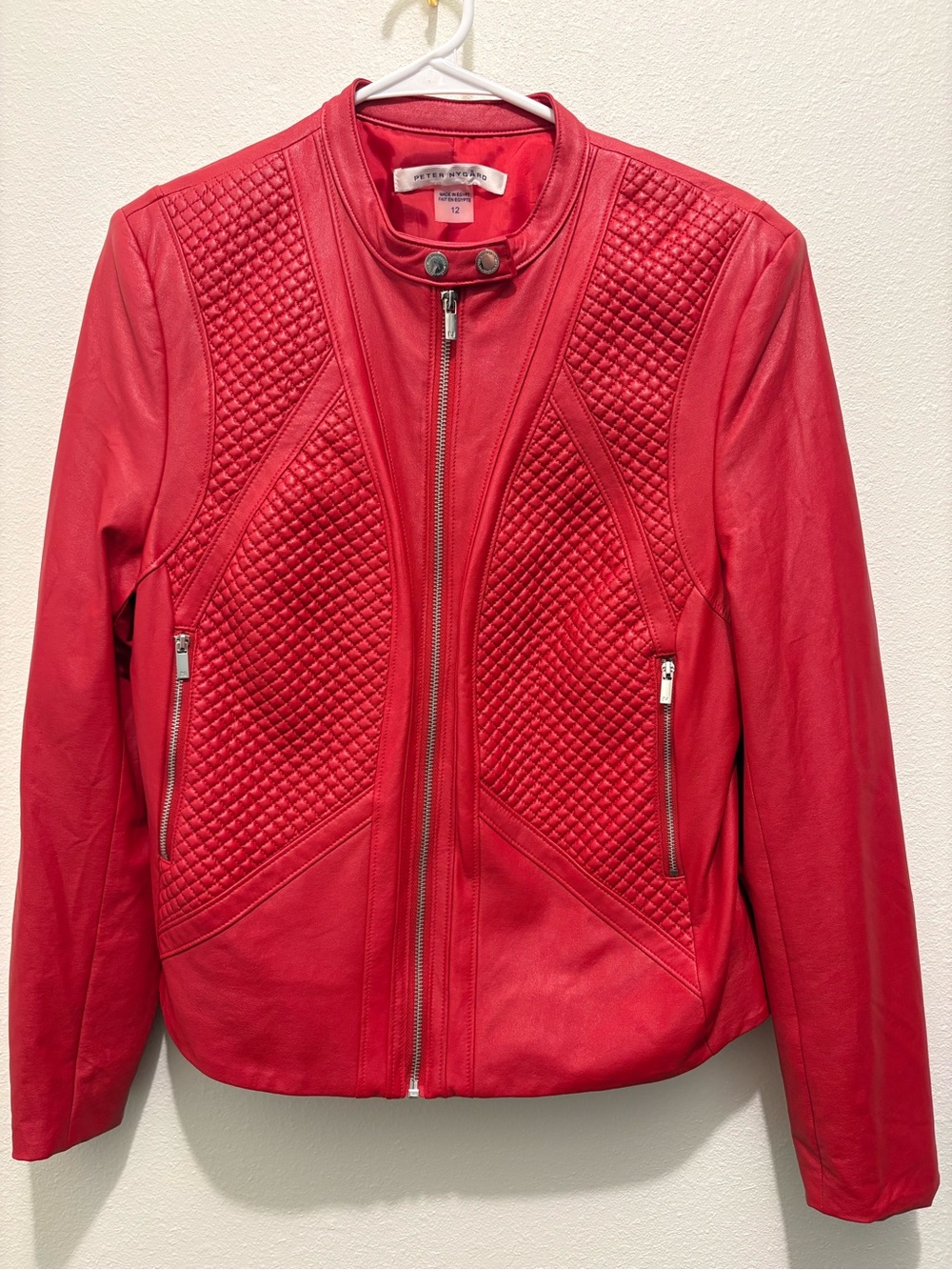 Peter Nygard Red Quilted Leather Moto Jacket